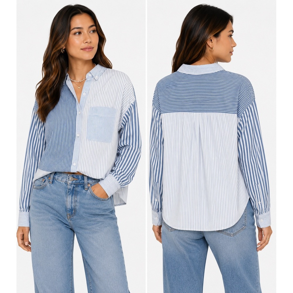 American Eagle Button Down Shirt Womens S Blue Striped Patchwork Colorblock Top